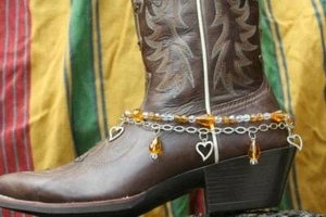 Cowboy & Motorcycle Boot Anklets Amber Crystals and Hearts with Chain - Picture 1 of 1