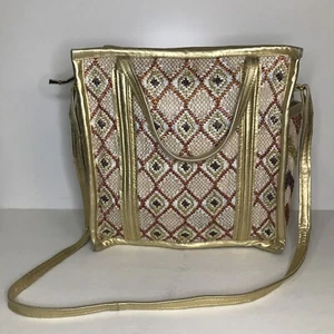 En Shalla Golden Metallic Raffia Handbag Crossbody Purse Shoulder Bag - Picture 1 of 13
