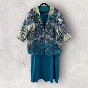 Woman Within Dress Set 3X Teal Sleeveless Maxi Open Front Quilted Jacket Stretch - Picture 1 of 12
