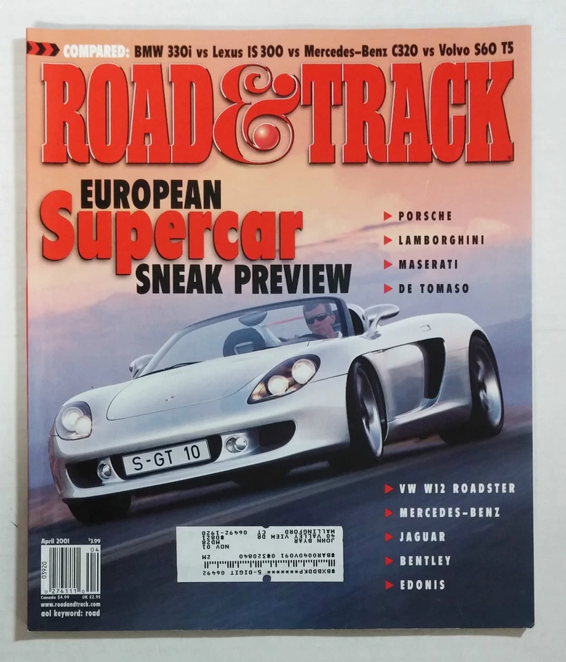 ROAD & TRACK CAR MAGAZINE 2001 APRIL PORSCHE CARRERA GT LAMBORGHINI SE TOMASO Foto 1 de 1