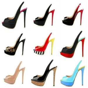 Women's High Heel Platform Shoes Patent Leather Peep Toe Elastic Slingback Pumps - Picture 1 of 19
