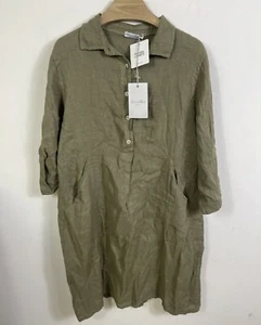 Elena Baldi sz L Large 100% Linen Dress Womens Green Roll sleeve Italy Pockets - Picture 1 of 3