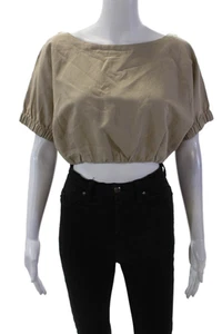 Zara Womens Cotton Linen Crew Neck Short Sleeve Cropped Top Khaki Size Small - Picture 1 of 6