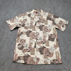 VINTAGE Tommy Hilfiger Shirt Mens Medium Brown Hawaiian Button Up Camp Adult