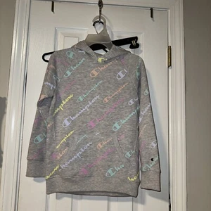 Champion Classic Script In Pastels Hoodie Girl’s Size M Light Gray NWOT - Picture 1 of 11