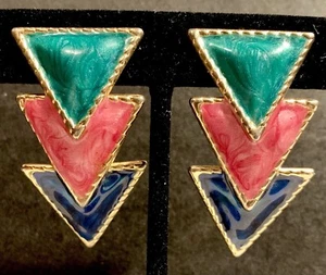 Vintage Modernist Geometric TRIANGLE Multicolor Earrings Clip On Retro 80's - Picture 1 of 12