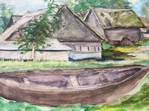 ANTIKES AQUARELL VON 1922 HÄUSER AM SEEUFER LANDSCHAFT OSTPREUSSEN - Picture 1 of 8