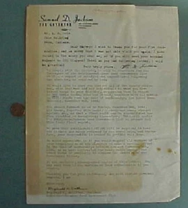 1944 Democratic Senator Sam Jackson for Indiana Governor letter Claypool Hotel-- - Picture 1 of 1