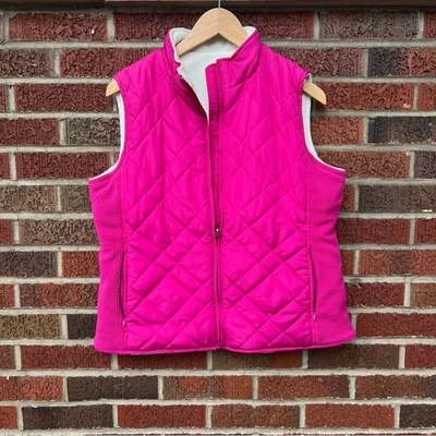 IZOD Fuchsia Pink Quilted White Fleece Reversible Puffer Zip Up Vest - Image 1 of 4