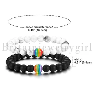 2pcs LGBT Pride Couple Elastic Black Matte Lava White Turquoise Beads Bracelets - Picture 1 of 14