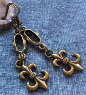 FLEUR De LIS Charm Earrings, Open Link, Bronze Tone French Hook Ear wires Fluer - Image 1 of 2