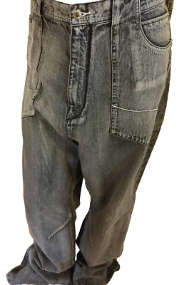 Jeans jeans Aka Demiks preto-cinza etiqueta 42 masculino ajuste solto vários remendos de marca - Imagem 1 de 4