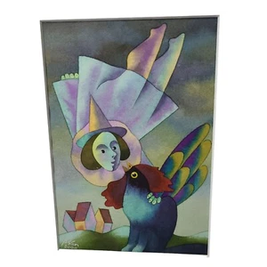 Fliegende Hexe & Vogel abstrakte Kunst von B. Ken 2000 Virginia 6" x 4" gerahmt ohne Glas - Bild 1 von 11