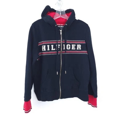 Moletom com capuz esportivo feminino médio logotipo soletrado azul marinho vermelho Tommy Hilfiger - Imagem 1 de 4