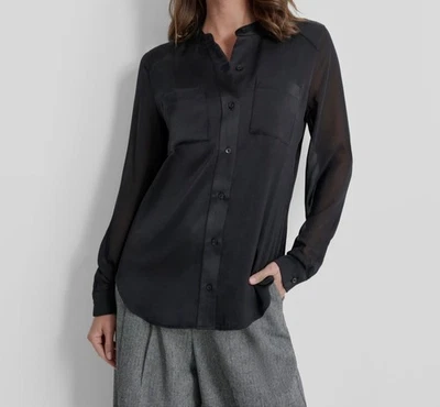 Blusa DKNY Feminina Preta Chiffon-Manga Botão-Frente Cetim Tamanho G - Imagem 1 de 3