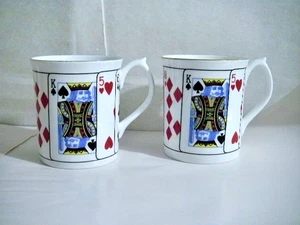 PAIR DECK OF CARDS COFFEE CUPS 3-1/2" ELIZABETHAN STAFFORDSHIRE FINE BONE CHINA - Picture 1 of 12