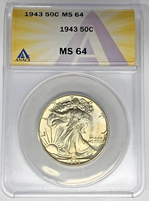 1943 Walking Liberty Half Dollar 50c Coin ANACS MS 64 - Image 1 of 2