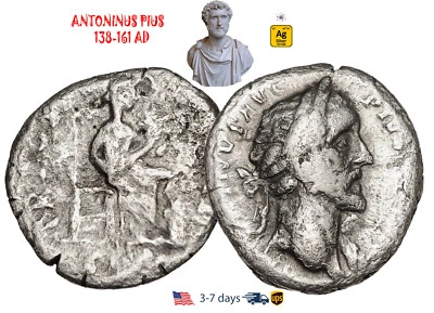 Ancient Roman Empire Coin Silver Denarius ANTONINUS PIUS 138-161 AD #31295 - Image 1 of 3