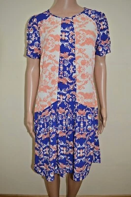 New M&S Collection Floral Abstract Drop Waist Blue Crteam Coral Dress Sz UK 12 - Image 1 of 3