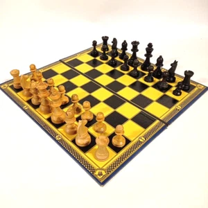Vintage Wooden Chess Piece Set 3" King w/ Board Complete - Picture 1 of 23