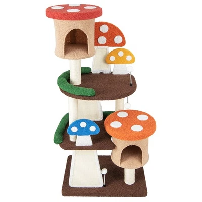 Wooden Cat Tree w/ Sisal Scratch Board & Post Padded Perch Hanging Toys Modern - Image 1 of 4