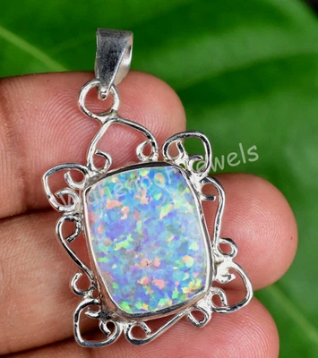 Naturale Bianco Opale di Fuoco Fatto a Mano Design 925 Argento Sterling Ciondolo - Immagine 1 di 4