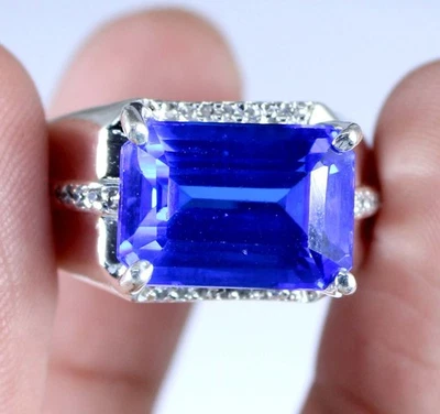Anillo certificado piedras preciosas de tanzanita azul corte esmeralda natural de 13,96 quilates ver video Foto 1 de 4