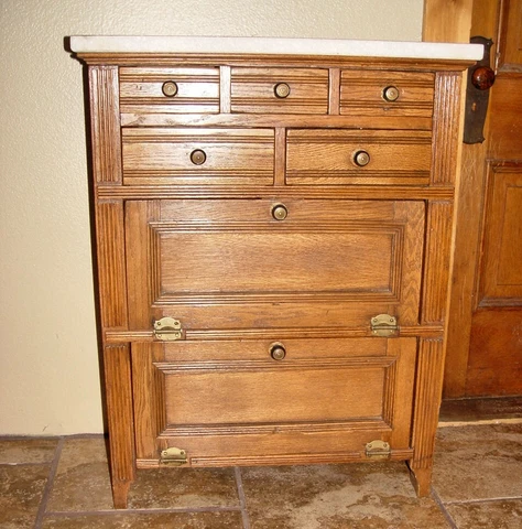 19th c. Eastlake Oak Barbershop Cabinet, Towel Stand with Marble Top Cover