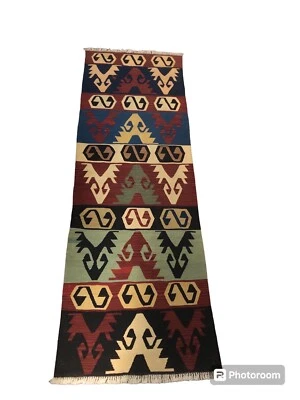 Vintage Hand Woven  Wool Kilim Southwestern Geometric Area Rug Runner 97” X 34” - Image 1 of 4