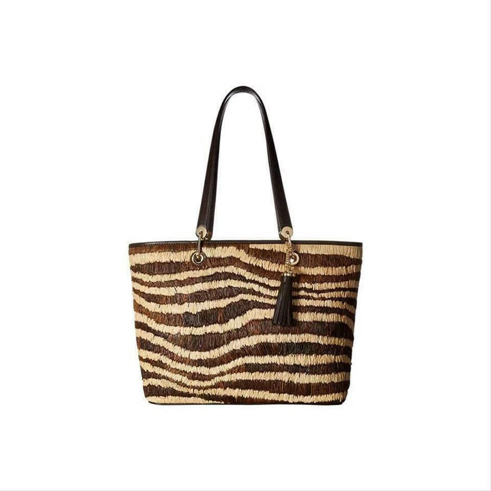 Michael Kors Malibu XL East West Tote Natural Raffia Brown Leather Trim