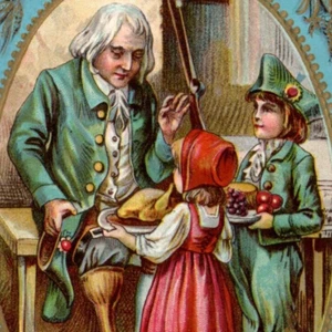 Tarjeta postal de Acción de Gracias c.1910 niños patriotas traer comida al abuelo pierna de madera - Imagen 1 de 3