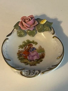 Dresden Germany ring trinket holder jewelry 1960 pink yellow rose couple sitting - Picture 1 of 6