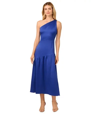 Adrianna Papell Women's Satin Tea-Length One-Shoulder Dress -Royal Sapphire - 16 - Image 1 of 4