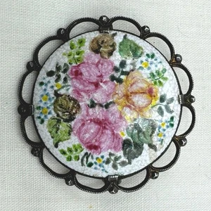 Antike österreichische Brosche 800 Silber KB handbemalt Rose rosa Blume floral - Bild 1 von 11