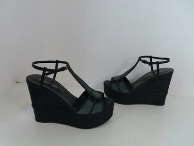 Sandalias de cuña SERGIO ROSSI de cuero negro/gamuza verde azulado/negro rafia talla 38/US 8 Foto 1 de 4