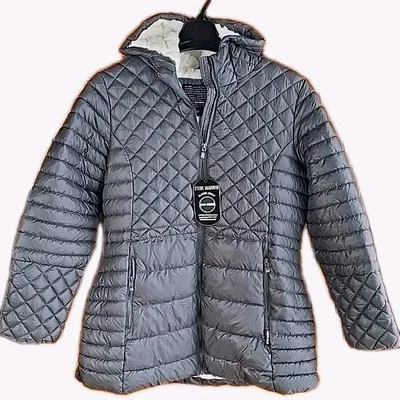 Abrigo acolchado Steve Madden para mujer Sherpa forrado escudo glaciar titanio nuevo con etiquetas grande Foto 1 de 4