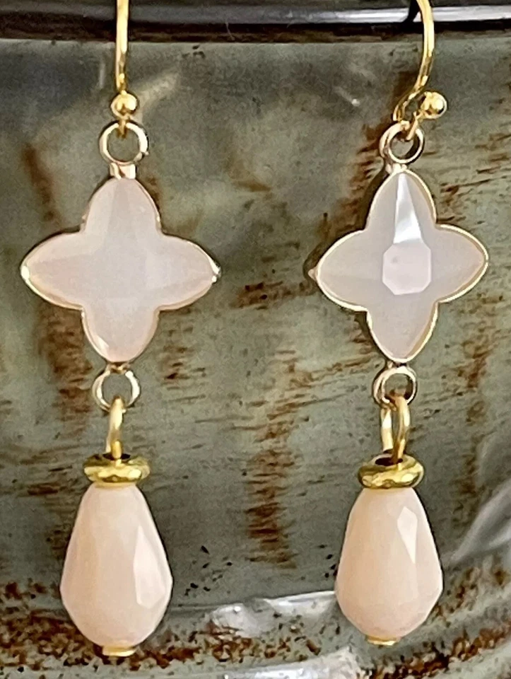 Ivory and Gold Vintage Bead Earrings. Vintage Quatrefoil and Crystal Teardrop. - Image 1 of 1
