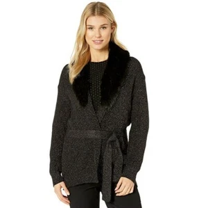 NWT $195 MICHAEL KORS M Fur Trim Collar Open Belted Cardigan Sweater Black Gold - Picture 1 of 9
