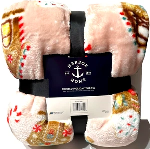 Pink Gingerbread House Plush Soft Throw Blanket Oversized NWT Holiday Candy Cane - Picture 1 of 14