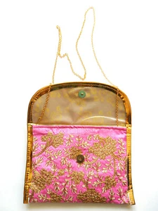 INDIAN Golden Embroidery Fashion Purse Clutch Envelope Evening-Party Bag Lt Pink - Picture 1 of 7