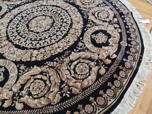 8x8  ROUND French CROWN Savonnerie Rug wool Black Gold Roses Medallion hand knot