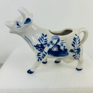 Handpainted Porcelain Dairy Cow Creamer Delfts Blue White Figural Cream Pitcher - Picture 1 of 13