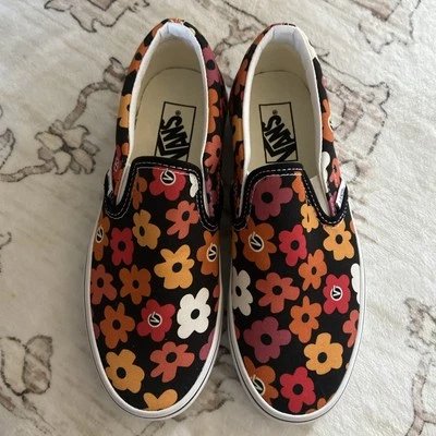 Vans Zapatos de Skate Negros Florales Sin Cordones Talla 7.5 Mujeres Flores Años 70 Groovy Hippie Foto 1 de 4