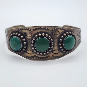 Vintage Fred Harvey Navajo - Green Turquoise Stamped Silver Cuff Bangle - 6.8" - Picture 1 of 16