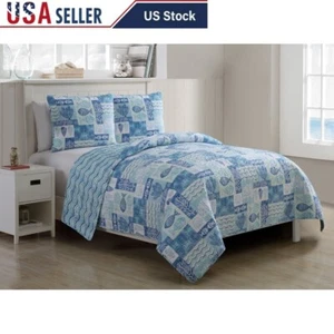Wende Patchwork Sealife Quilt Set 3-teilig Bettwäsche Weich Mikrofaser Erwachsene Neu - Bild 1 von 6