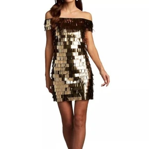 Tadashi Shoji Gold Pailletten Fransen Schulterfrei Minikleid Größe 12 - Bild 1 von 9