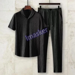 2 Teile/Set Sommer Herren Anzug Freizeit Outfit Männer Kurzarm Hemden Lange Hosen Set - Bild 1 von 28