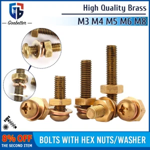 Brass Phillips Pan Head Screws Bolts M3 M4 M5 M6 M8 With Hex Nuts & Washer - Picture 1 of 66