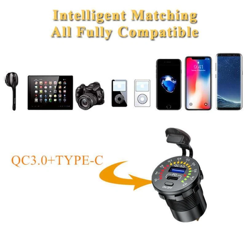 Camión Coche Enchufe USB QC 3.0 + PD Tipo-C Cargador USB Medidor de Voltaje LED Impermeable Foto 1 de 4