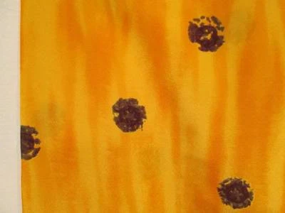 Vtg Fabric 100% Silk Slinky Orange Yellow Tie Dye Design Brown Black Dots 45x131 - Image 1 of 4